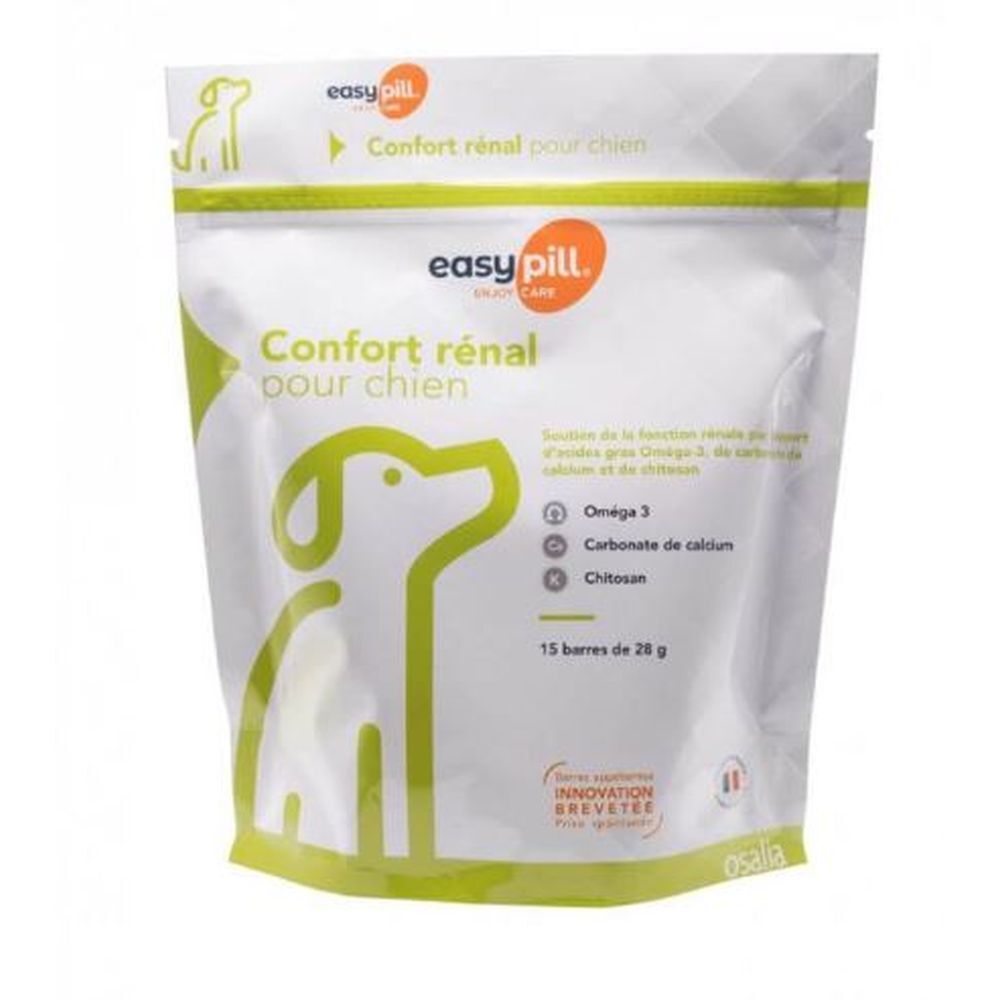 Sachet blanc avec logo et nom du produit. Texte: Confort rénal pour chien. Contient Oméga 3, carbonate de calcium et chitosan. 15 barres.