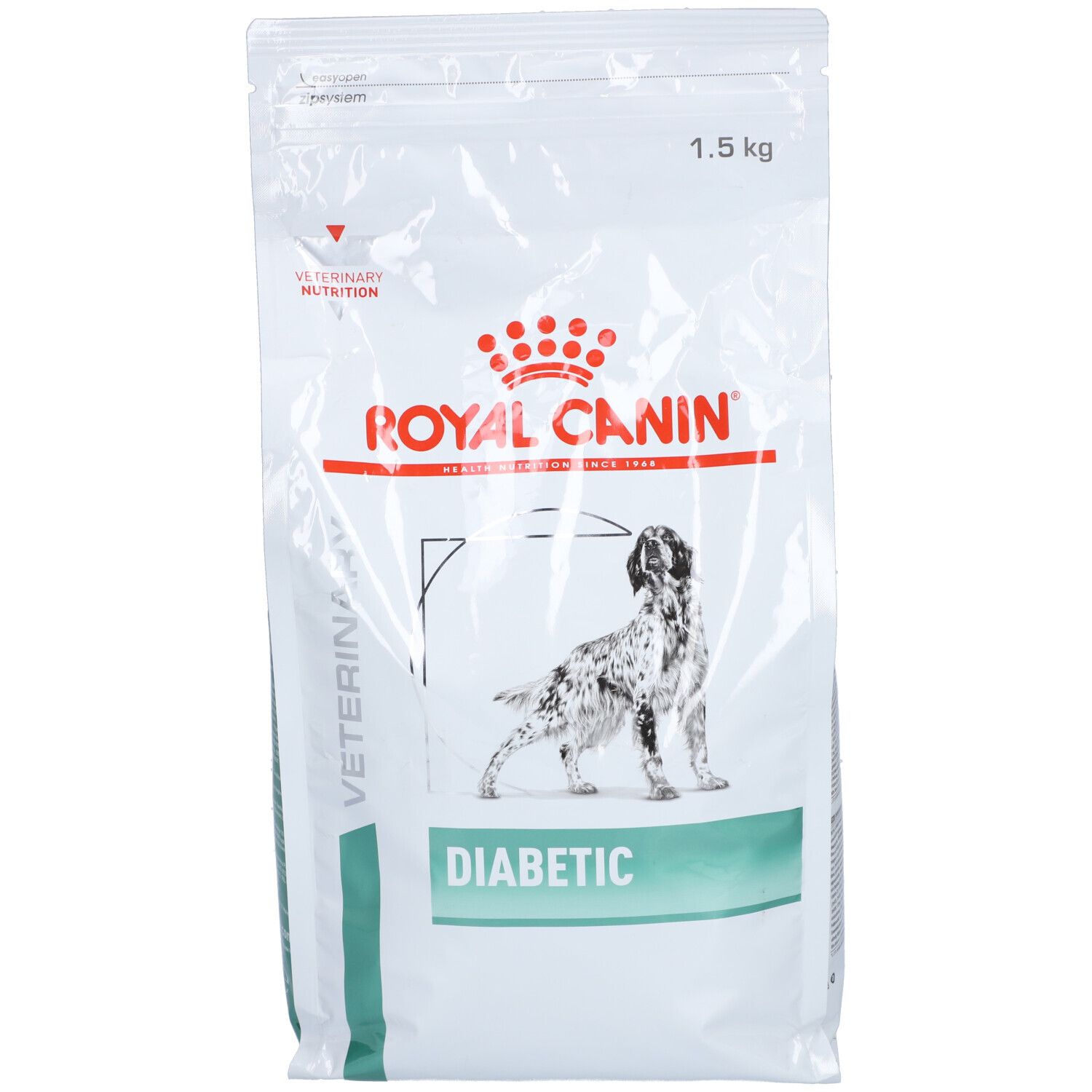 Sac Royal Canin Diabetic Chien. Logo et nom du produit. Image d'un chien. 1,5 kg.
