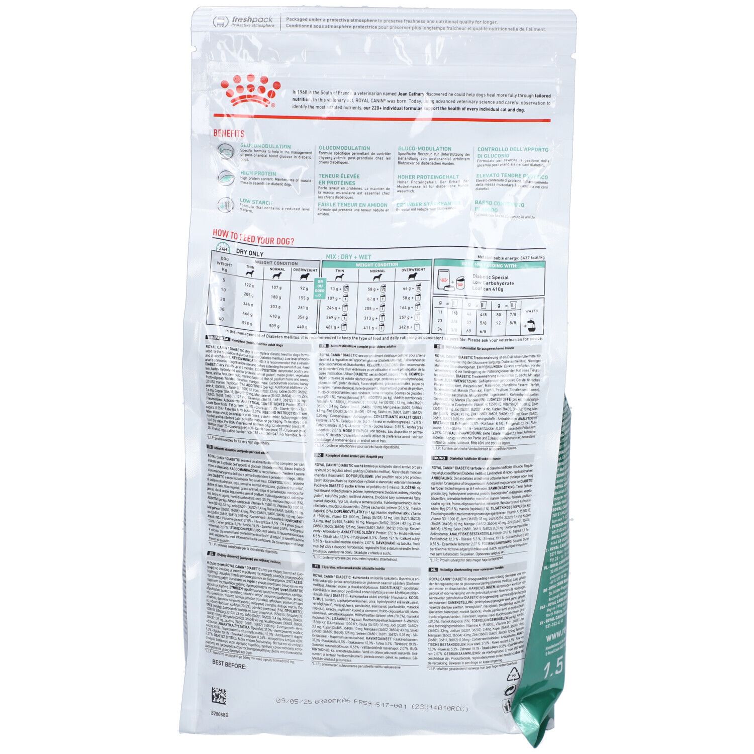 Dos du sac Royal Canin Diabetic Chien. Texte et graphiques. Accents verts.