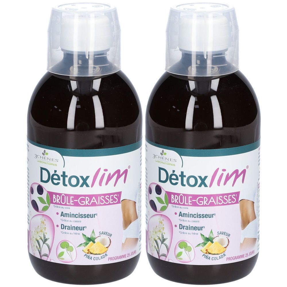Deux flacons de liquide brun. Étiquettes avec "Détoxlim Brûle-graisses".
