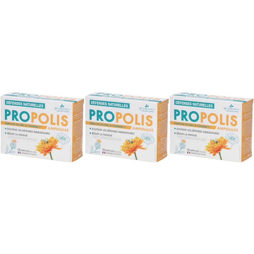 Trois boîtes de "Propolis Ampoules". Inscription "Défenses Naturelles". Chaque boîte présente une fleur et une abeille.