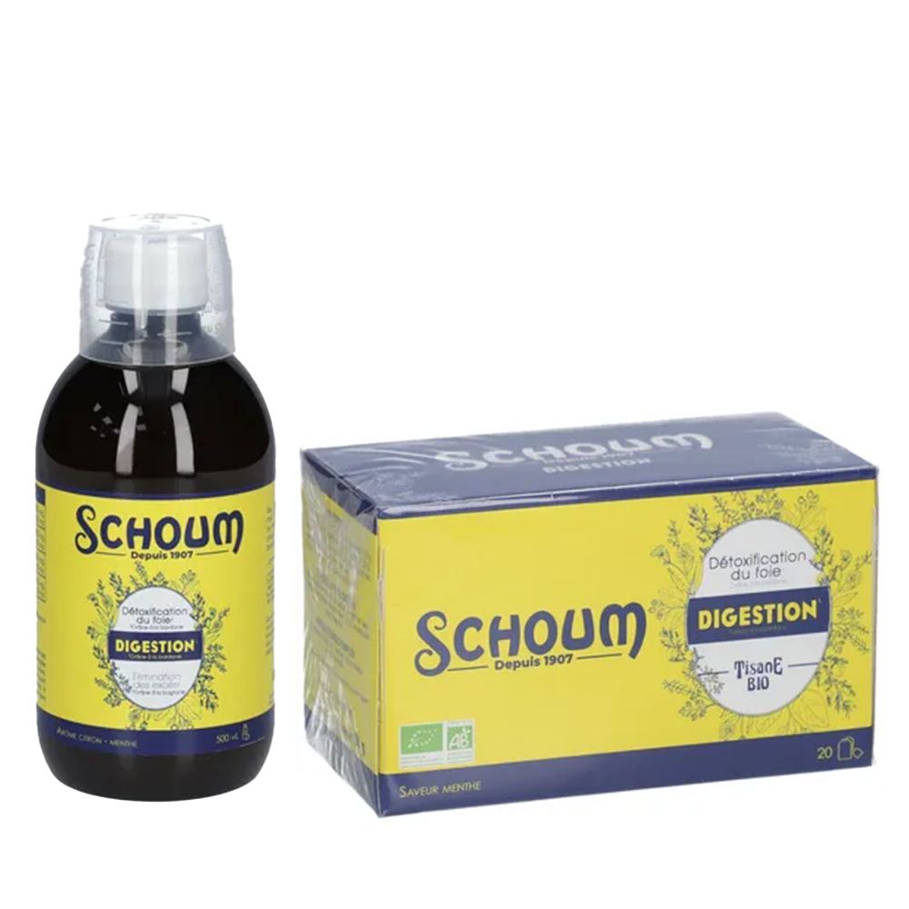 Bouteille et boîte. Sur la bouteille, "Schoum Digestion". Sur la boîte, "Schoum Digestion" et "Tisane BIO".