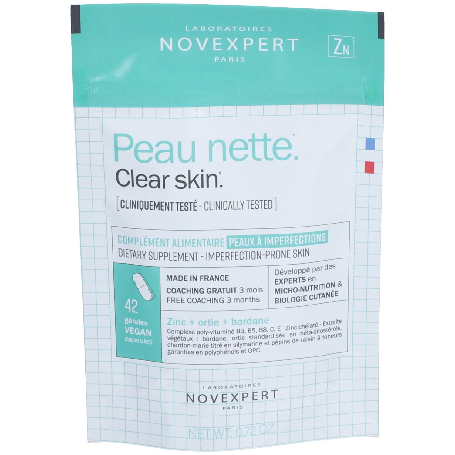 Sachet de gélules "Peau nette". Texte : "Clear skin". Contient 42 gélules végétales. Marque : Novexpert.