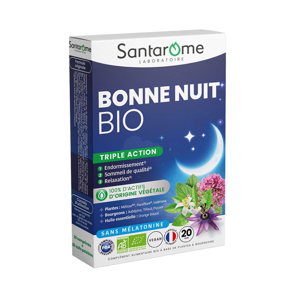 Boîte SANTAROME BONNE NUIT BIO. Emballage bleu avec lune, étoiles et fleurs. Vegan, 20 comprimés.