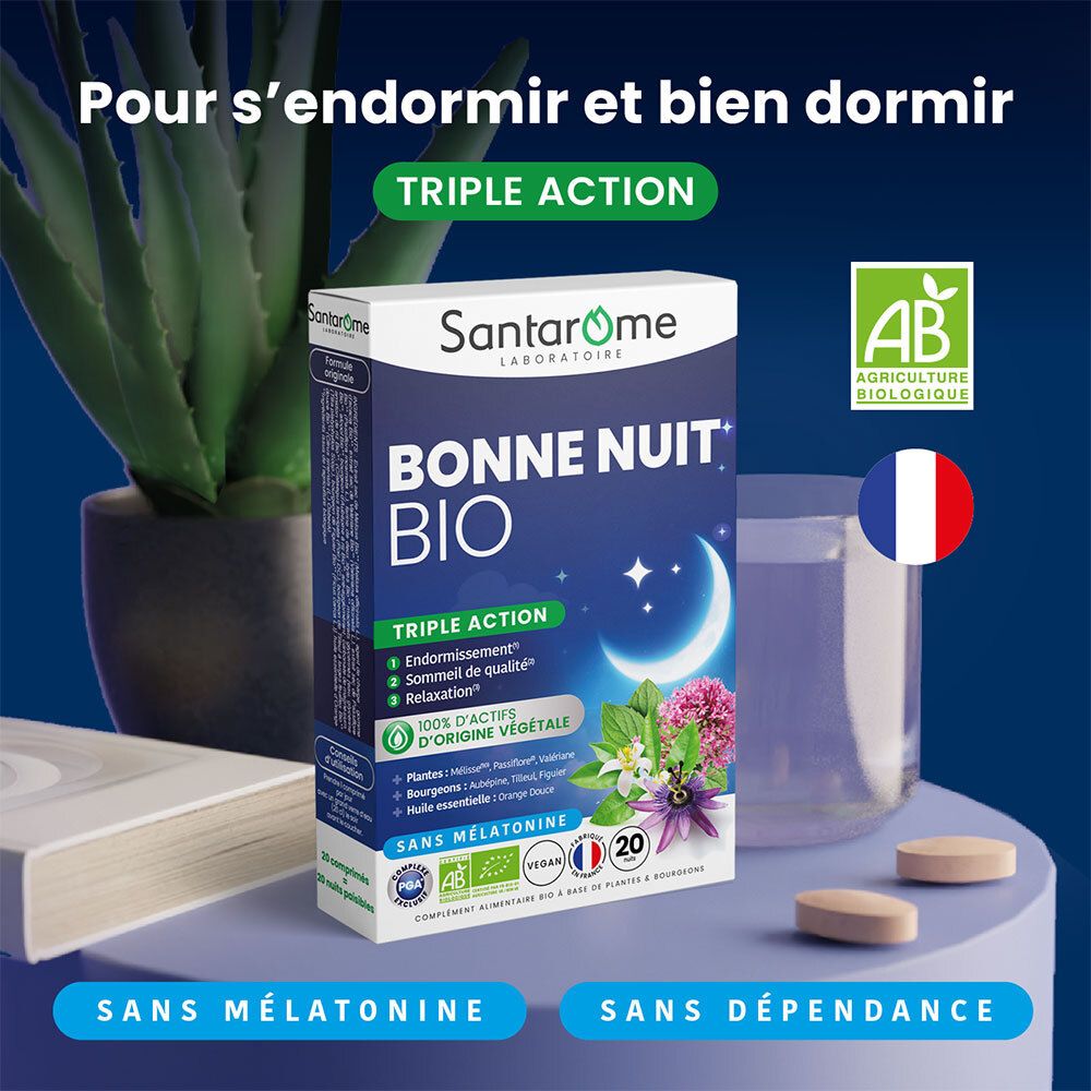 Boîte SANTAROME BONNE NUIT BIO, plantes et comprimés. Drapeau français et label AB. Sans mélatonine.