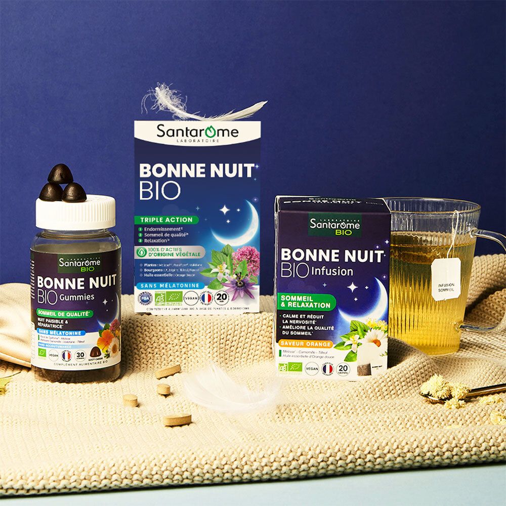 Produits SANTAROME BONNE NUIT BIO : comprimés, gummies, infusion. Avec lune, étoiles, fleurs. Vegan, 20 comprimés.