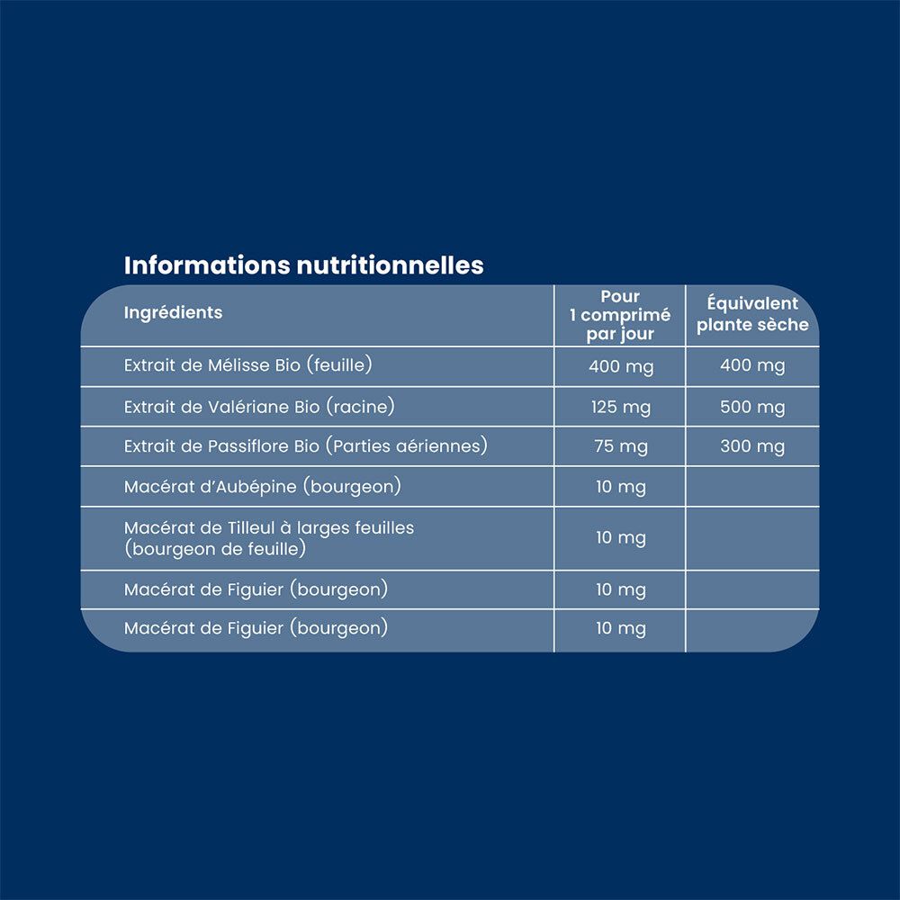 Tableau nutritionnel. Ingrédients : Mélisse, Valériane, Passiflore, Aubépine, Tilleul, Figue, huile essentielle.