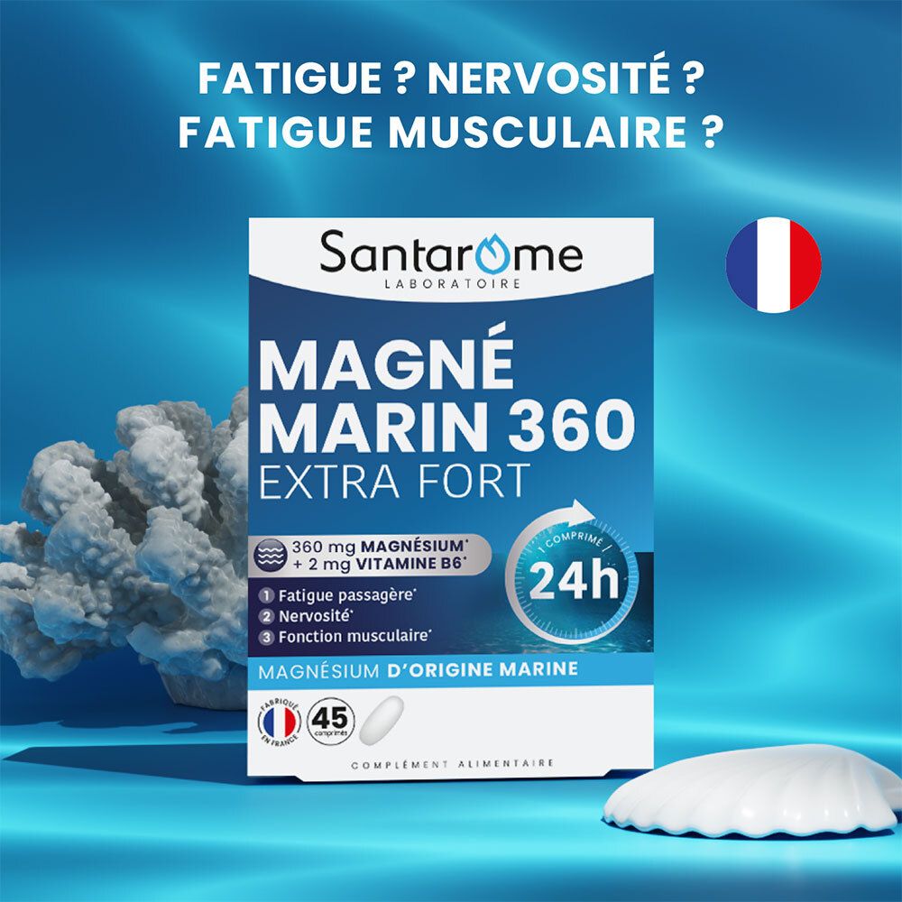 Emballage du produit SANTAROME MAGNÉ MARIN 360 EXTRA FORT. Emballage bleu avec nom du produit et ingrédients. Drapeau français.