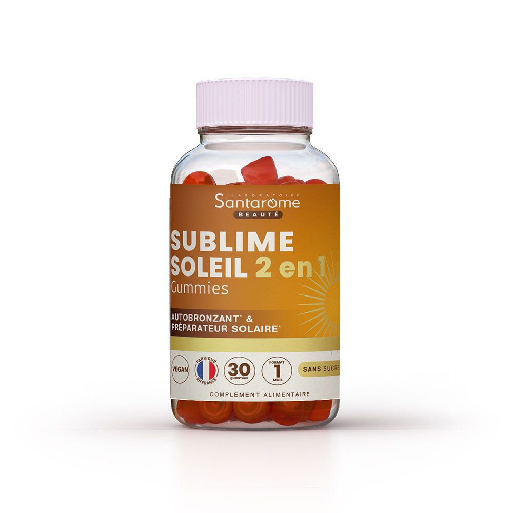 Flacon transparent avec gummies bruns. Inscription: Sublime Soleil 2 en 1 Gummies. Vegan, 30 unités, sans sucre.