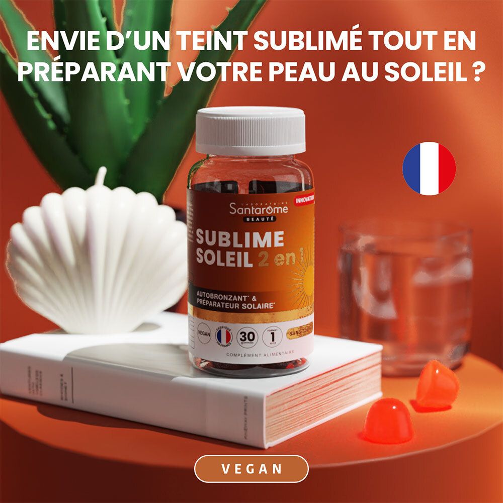 Fond marron avec texte: DOUBLE ACTION: AUTOBRONZANT & PRÉPARATEUR SOLAIRE. Flacon de gummies. Sans sucres.