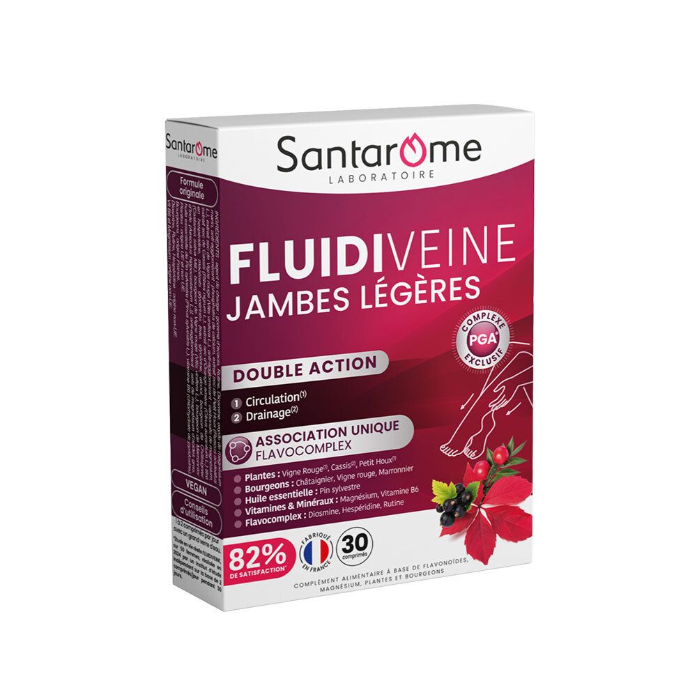 Boîte de Santarome PHYTO Fluidiveine. Double action : circulation et drainage. Vegan. 30 comprimés.