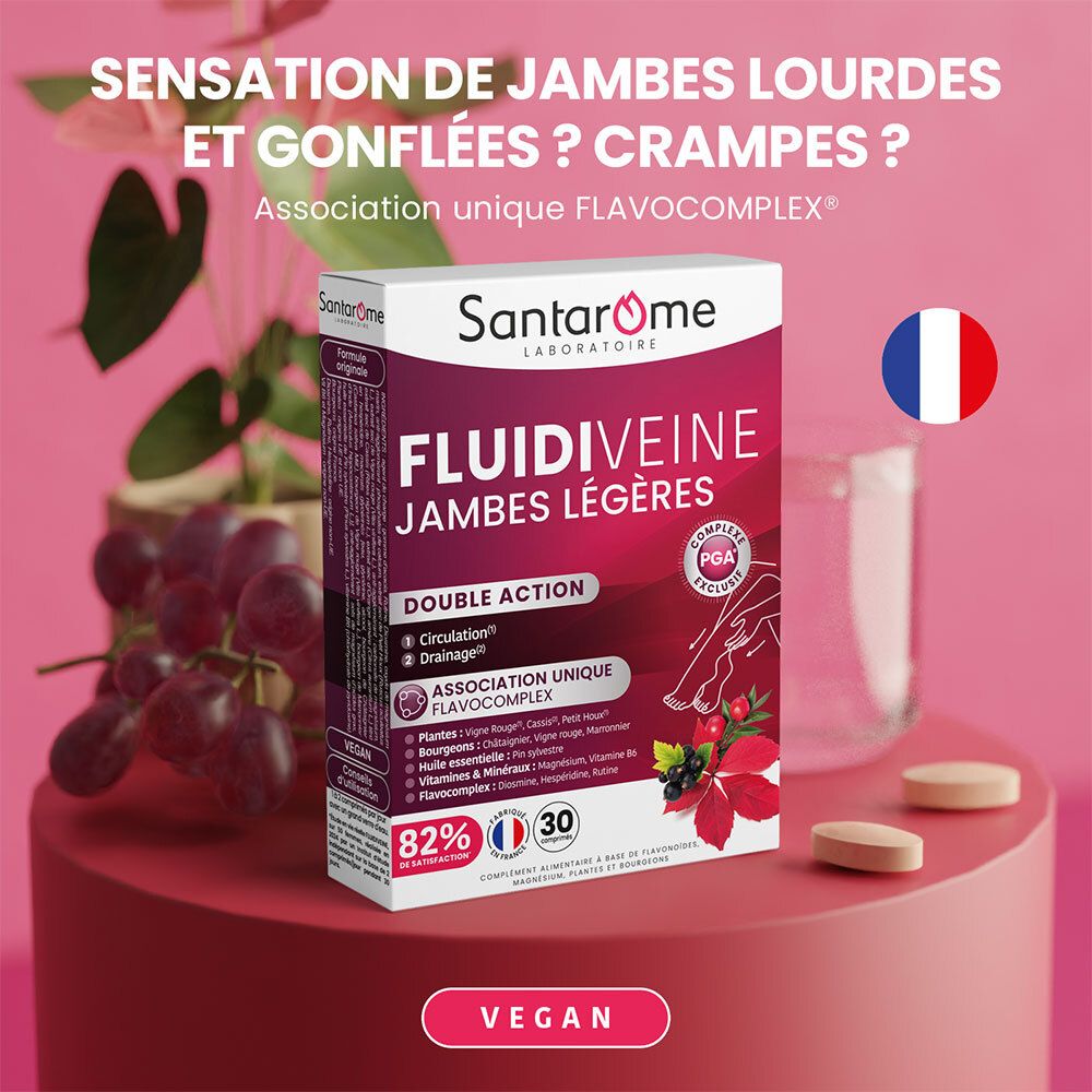 Emballage produit avec texte. Drapeau français. Question : jambes lourdes ? Crampes ?