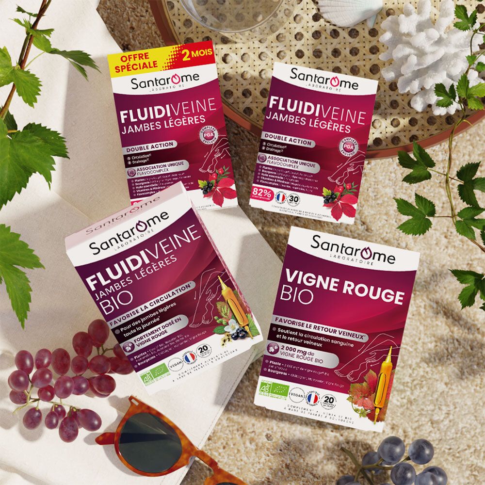 Plusieurs emballages produits. Santarome Fluidiveine, Vigne Rouge Bio. Raisins et lunettes de soleil.