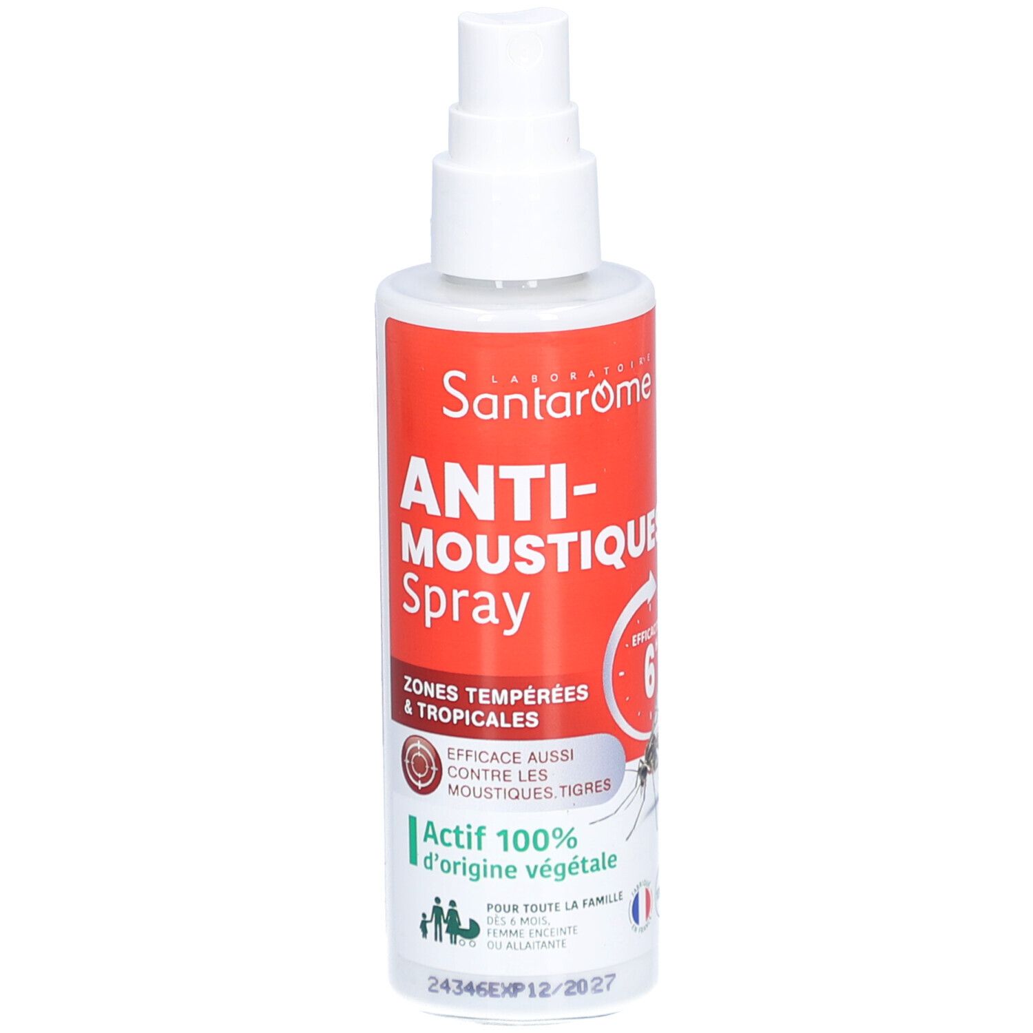 Santarome Anti-Moustiques Spray. Flacon blanc avec étiquette rouge. Texte: Anti-Moustique Spray, 100% d'origine végétale.