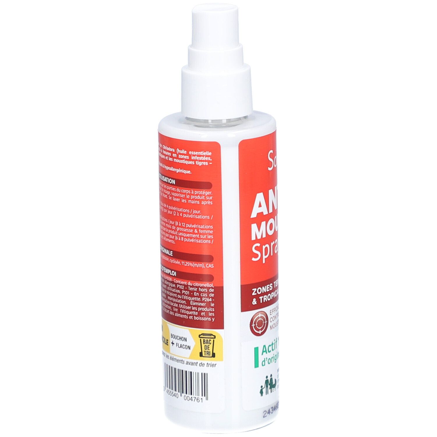 Santarome Anti-Moustiques Spray. Dos du flacon avec texte. Fond rouge, texte blanc. Informations d'utilisation.