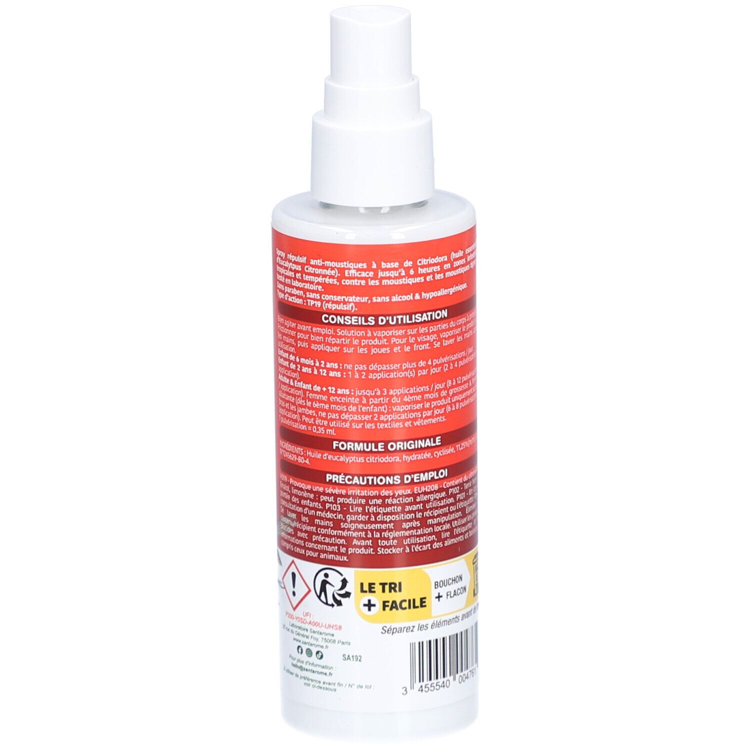 Santarome Anti-Moustiques Spray. Dos du flacon avec texte. Fond rouge, texte blanc. Conseils d'utilisation et avertissements.