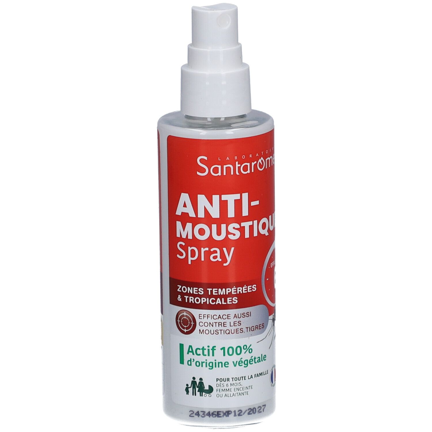 Santarome Anti-Moustiques Spray. Flacon blanc avec étiquette rouge. Texte: Anti-Moustique Spray, 100% d'origine végétale.
