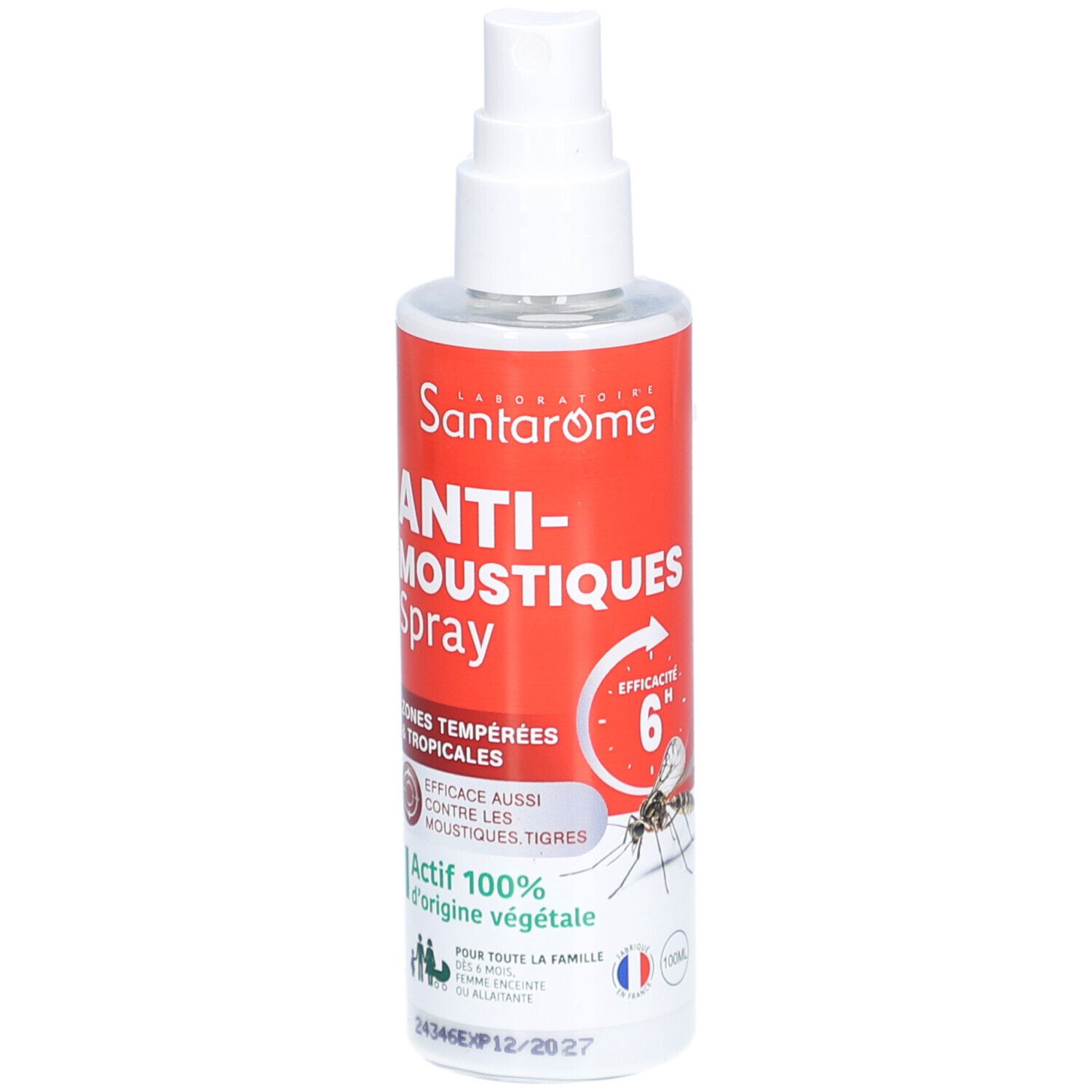 Santarome Anti-Moustiques Spray. Flacon blanc avec étiquette rouge. Texte: Anti-Moustique Spray, efficacité 6 heures.