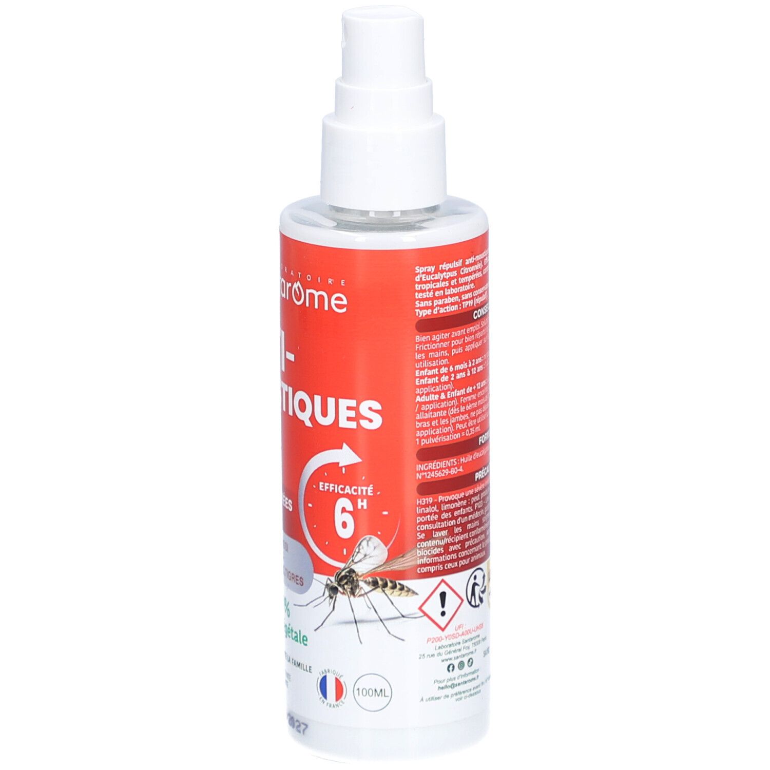 Santarome Anti-Moustiques Spray. Flacon blanc avec étiquette rouge. Texte: Anti-Moustique Spray, efficacité 6 heures, 100ml.