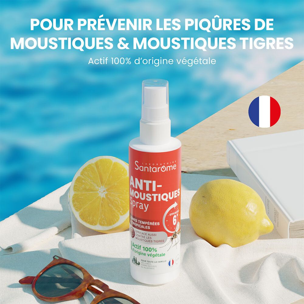 Santarome Anti-Moustiques Spray. Flacon, citron, lunettes de soleil. Texte: Anti-Moustiques Spray. Drapeau français.
