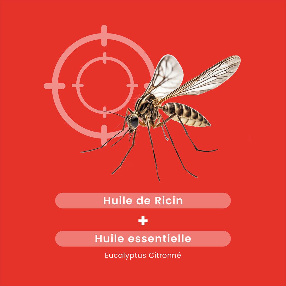 Fond rouge. Graphique: moustique dans un viseur. Texte: Huile de Ricin + Huile essentielle (Huile de ricin + huile essentielle).