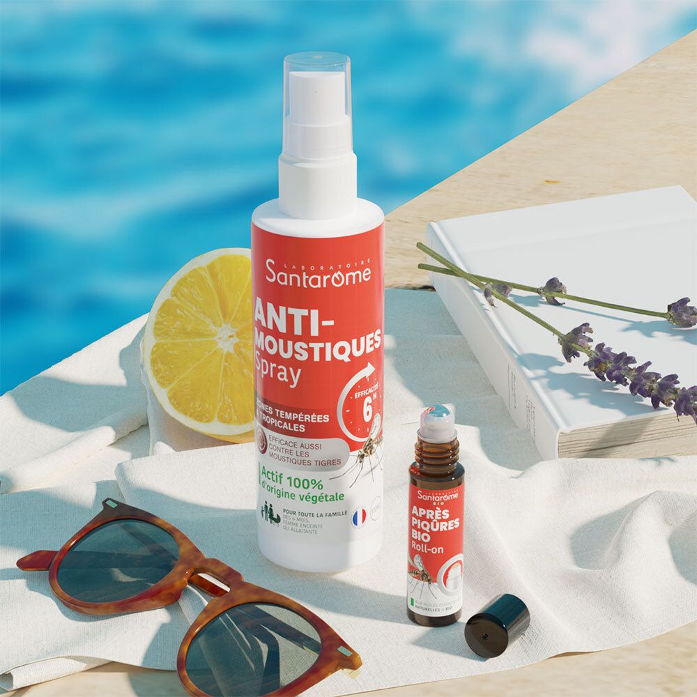 Santarome Anti-Moustiques Spray, citron, livre, lunettes de soleil, huile essentielle. Texte: Anti-Moustiques Spray.