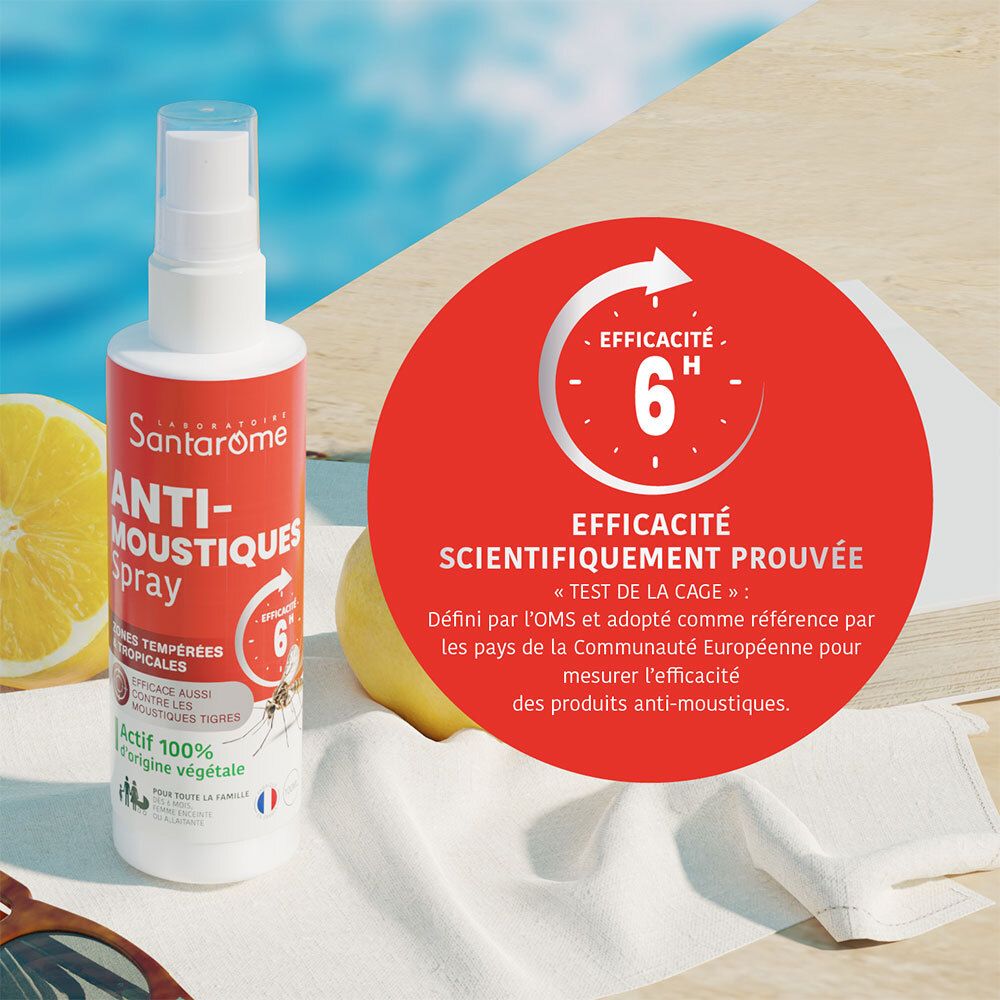 Santarome Anti-Moustiques Spray. Étiquette rouge. Texte: Anti-Moustiques Spray. Efficacité 6 heures. Prouvé scientifiquement.