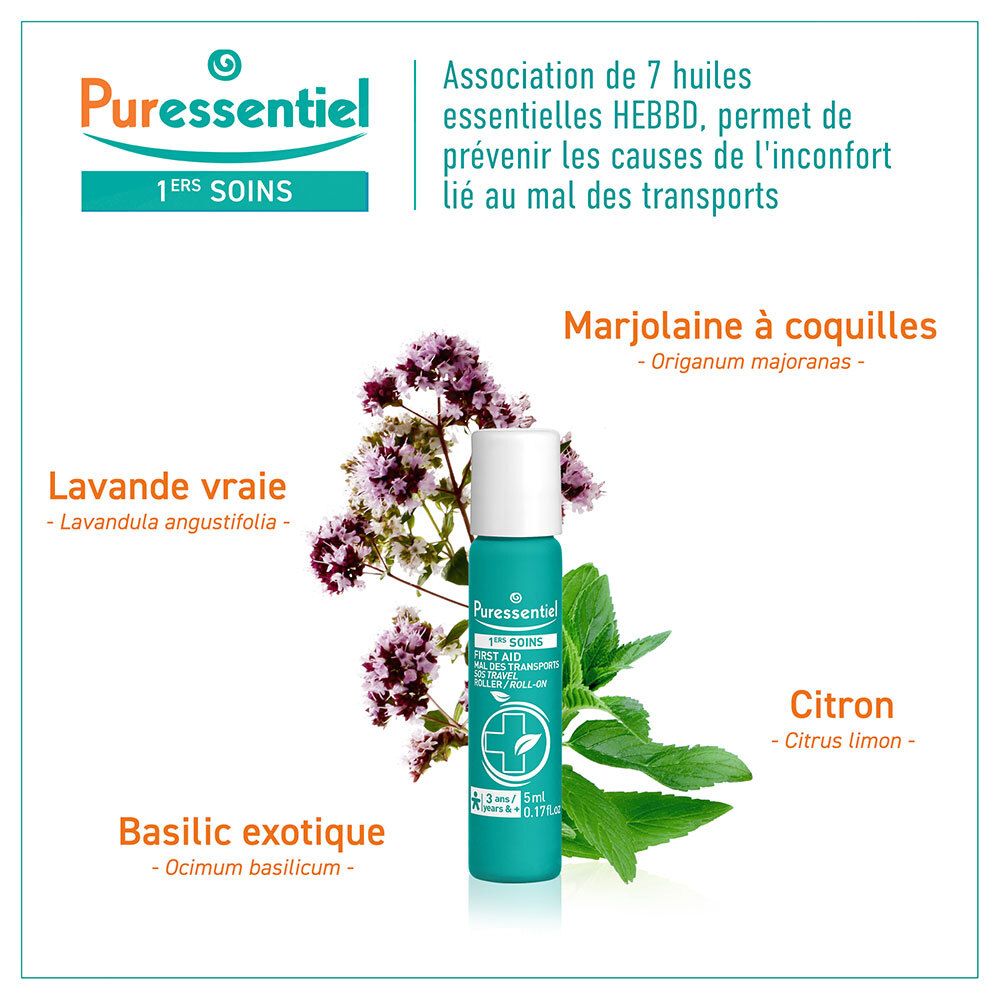 Puressentiel Roller Mal des Transports avec lavande, basilic, citron et marjolaine.