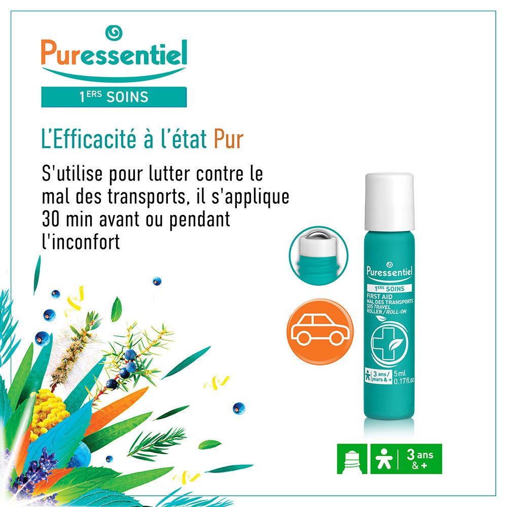 Puressentiel Roller Mal des Transports, 5ml. Flacon et motifs végétaux stylisés.