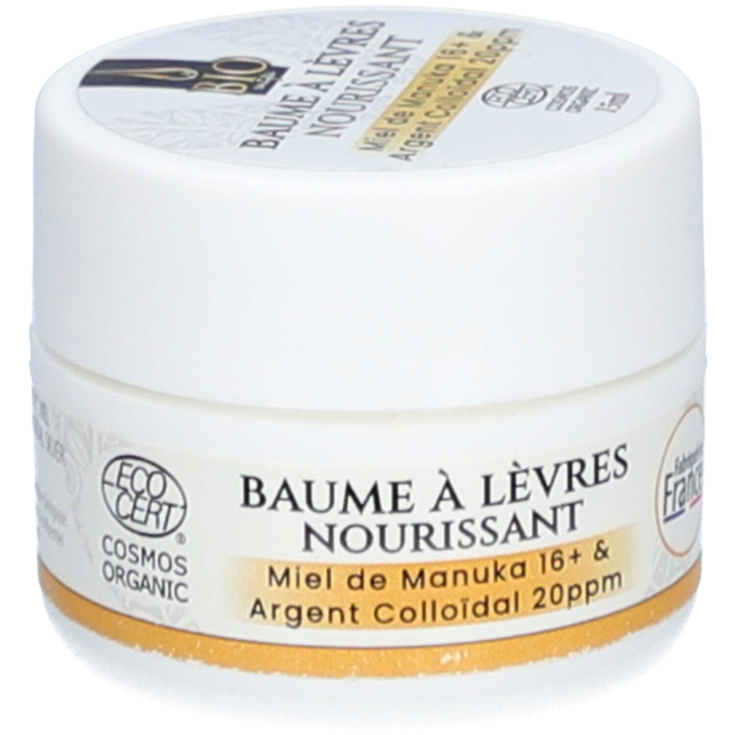 Pot blanc de baume à lèvres, sceau BIO et certification COSMOS ORGANIC.