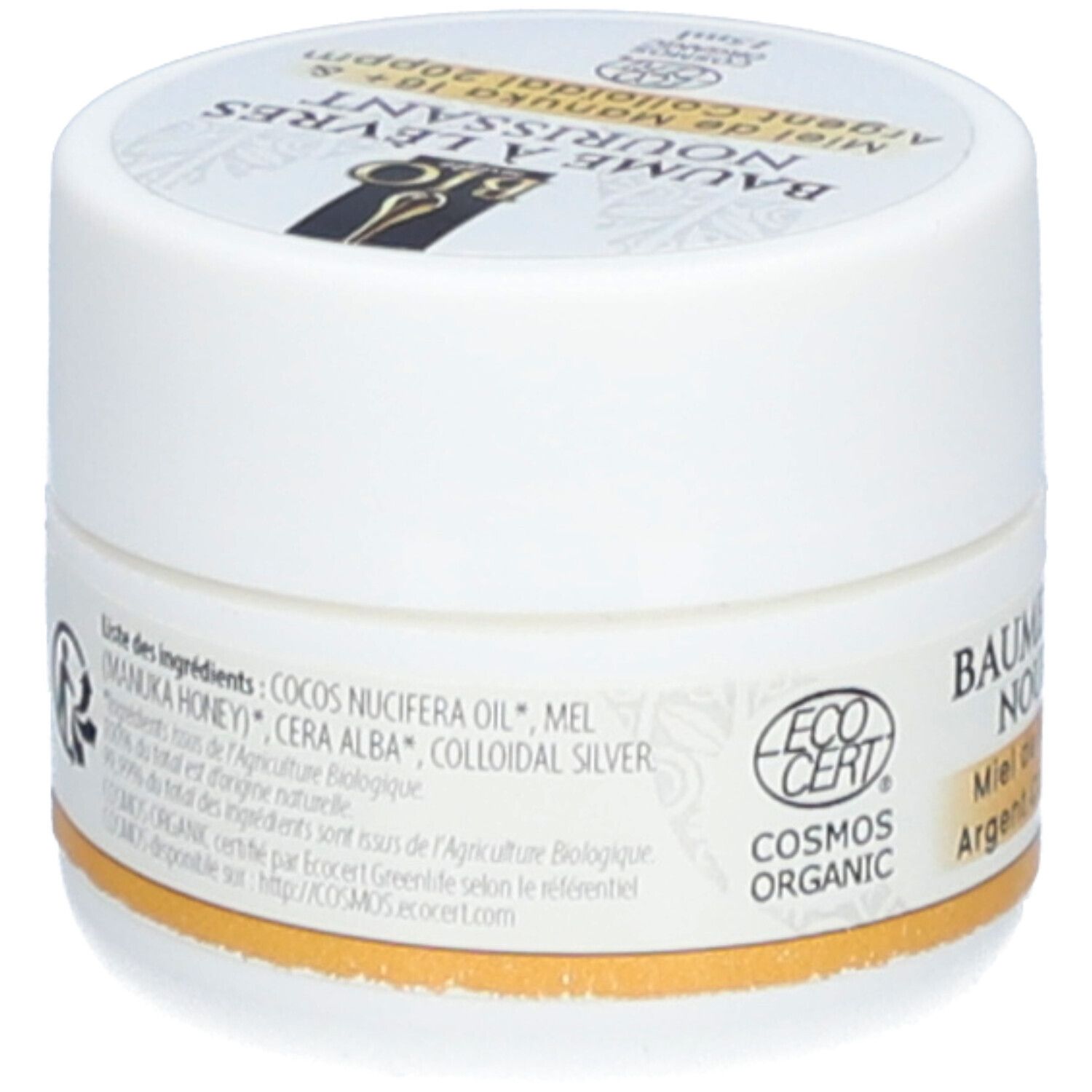 Arrière d'un pot blanc de baume à lèvres, liste des ingrédients et sceau COSMOS ORGANIC.