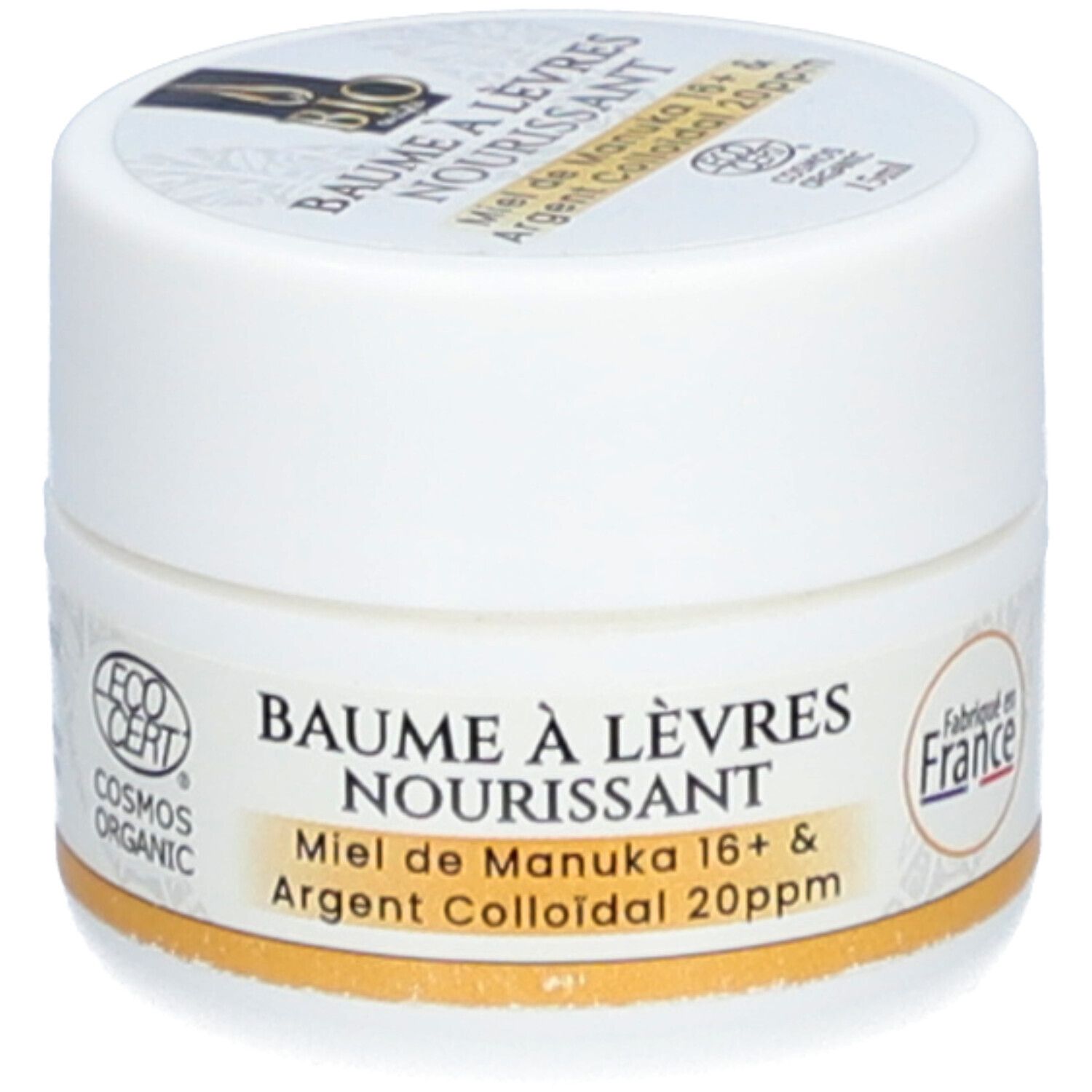Avant d'un pot blanc de baume à lèvres, autocollant "Fabriqué en France" et sceau COSMOS ORGANIC.