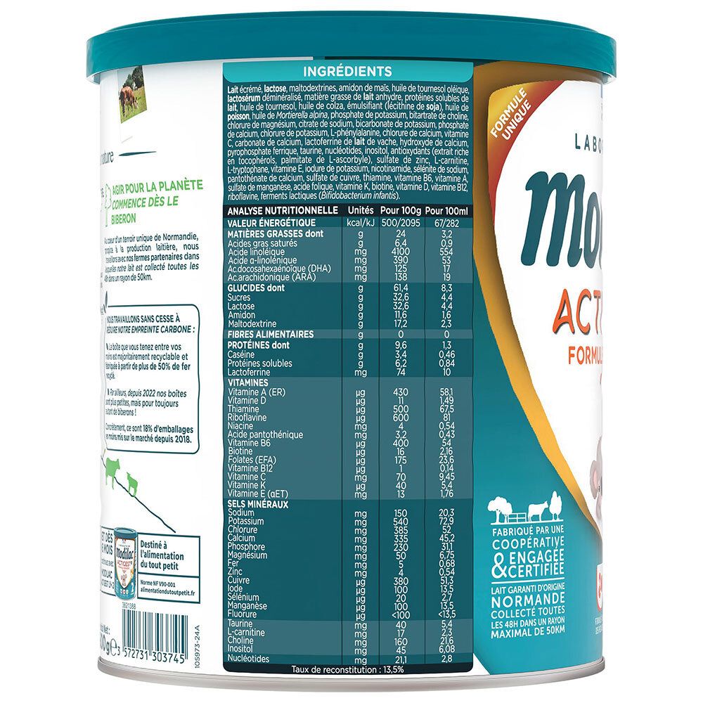 Arrière de la boîte de lait infantile Modilac Actigest LF avec ingrédients et tableau nutritionnel.