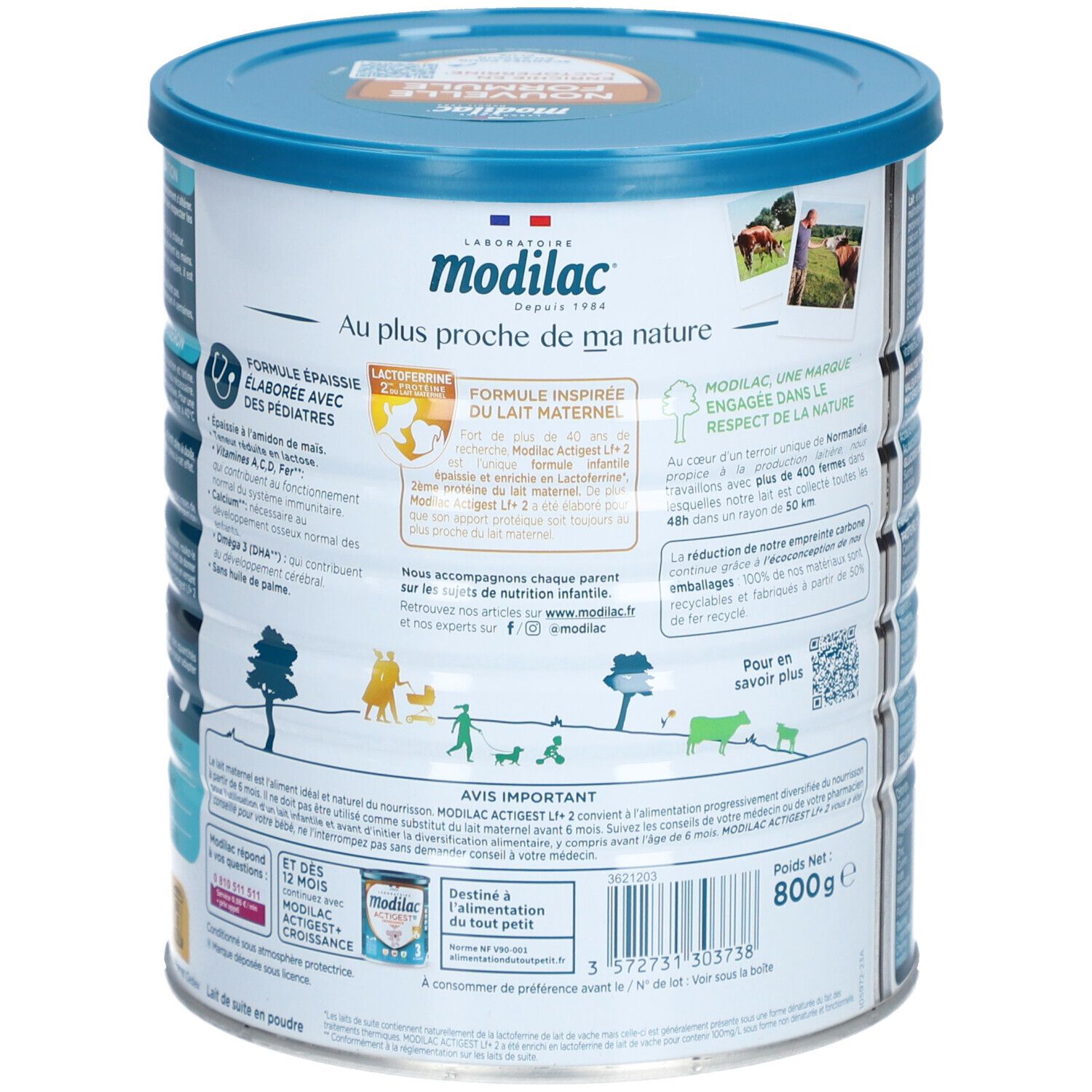 Dos de la boîte Modilac Actigest LF+ 2. Texte sur l'origine et les ingrédients. Couleurs bleu et blanc.