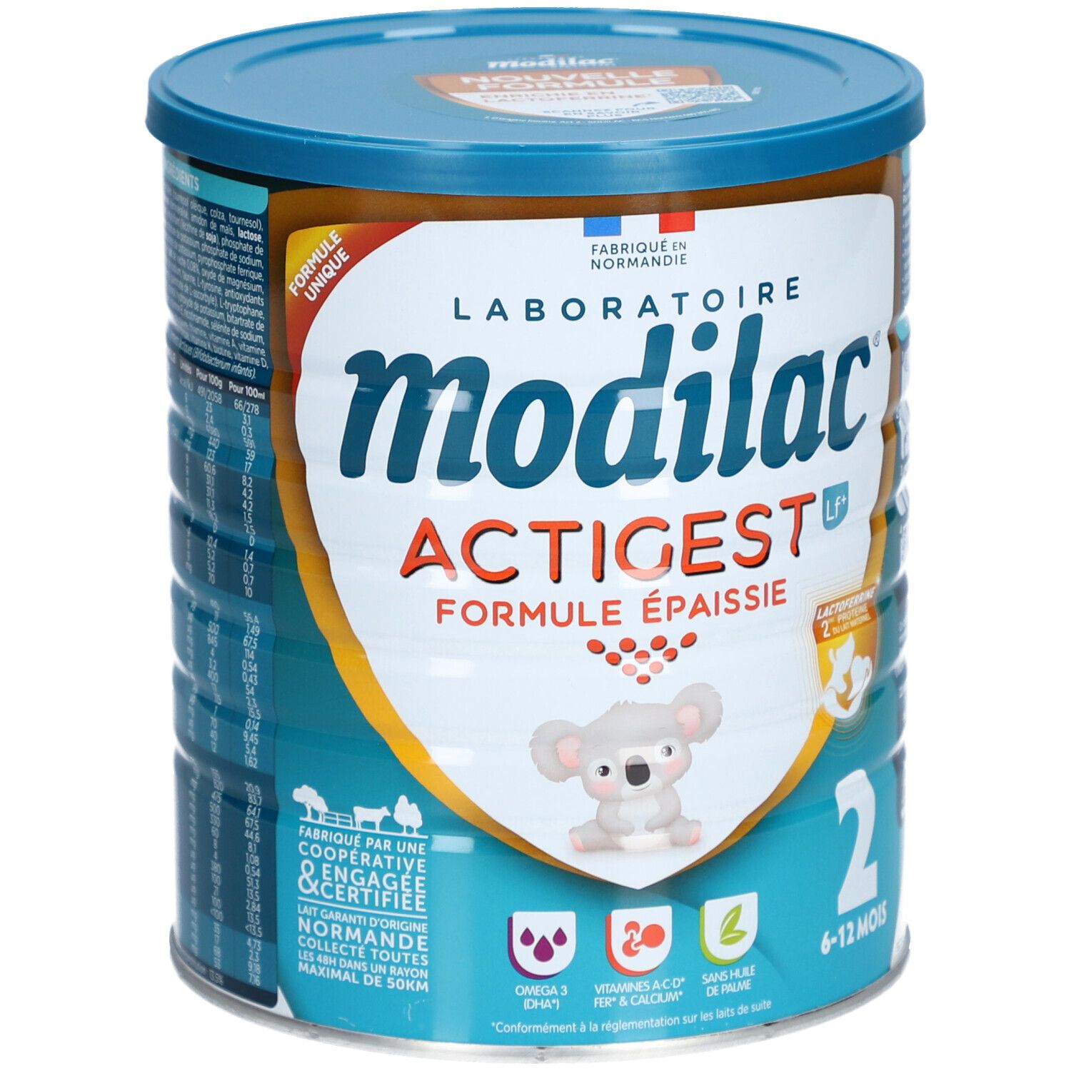 Boîte Modilac Actigest LF+ 2. Bleu, avec nom du produit, illustration koala et indication d'âge 6-12 mois. Formule épaissie.