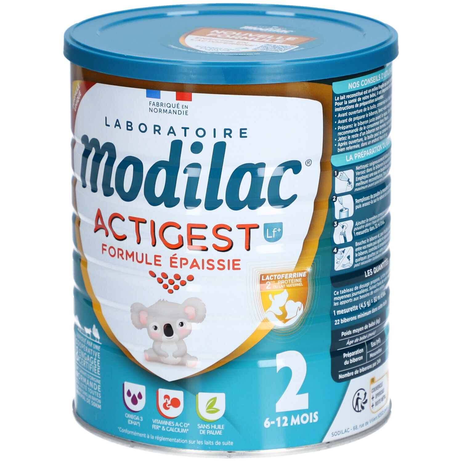Boîte Modilac Actigest LF+ 2. Bleu, avec nom du produit, illustration koala et indication d'âge 6-12 mois. Formule épaissie.
