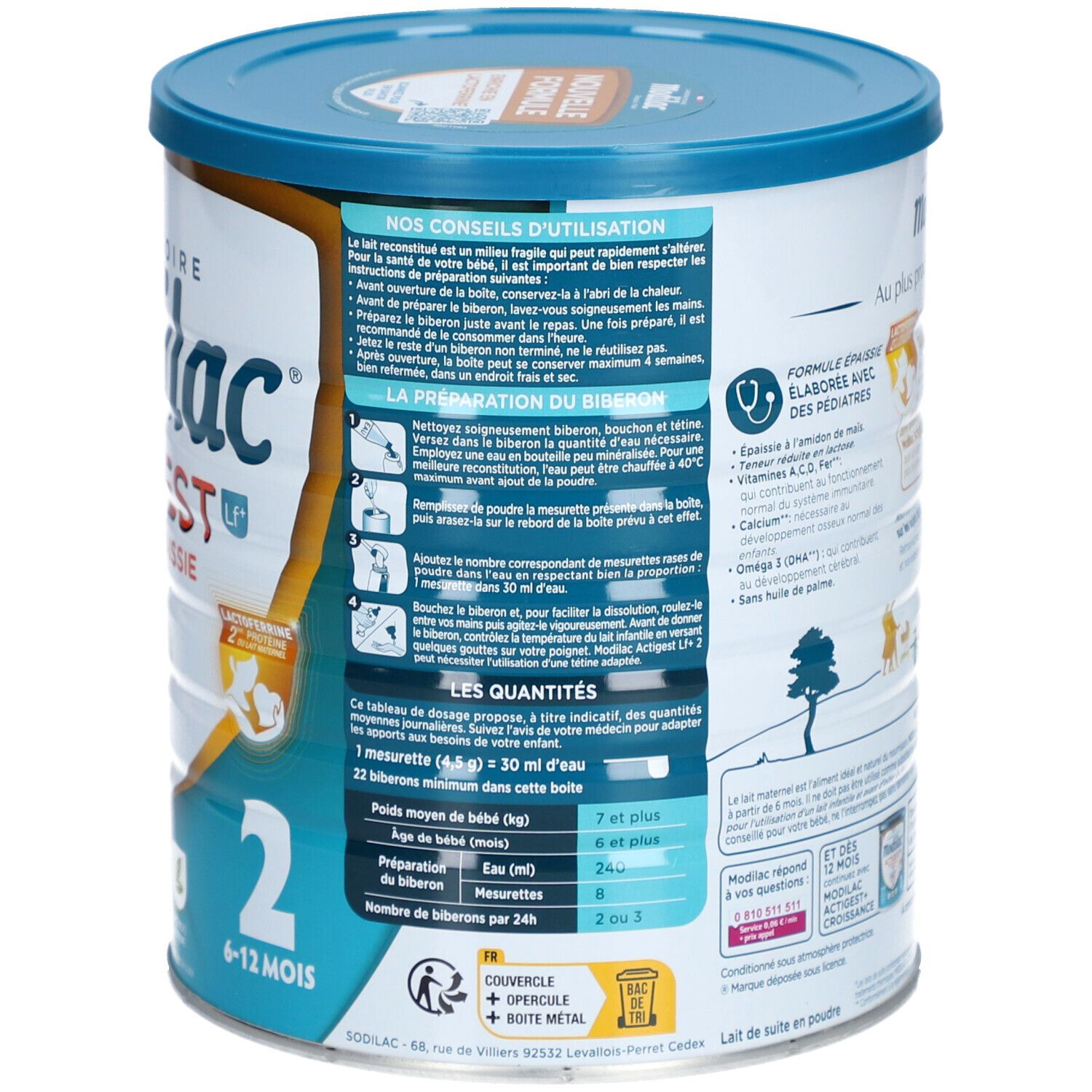 Dos de la boîte Modilac Actigest LF+ 2. Conseils d'utilisation et tableaux de dosage. Couleurs bleu et blanc.
