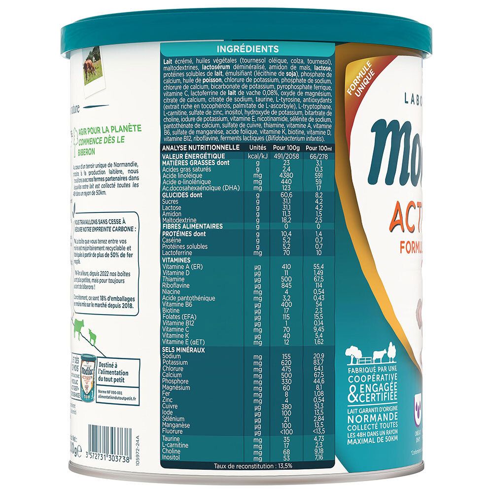 Arrière de la boîte Modilac Actigest LF+ 2 avec liste d'ingrédients et valeurs nutritionnelles.