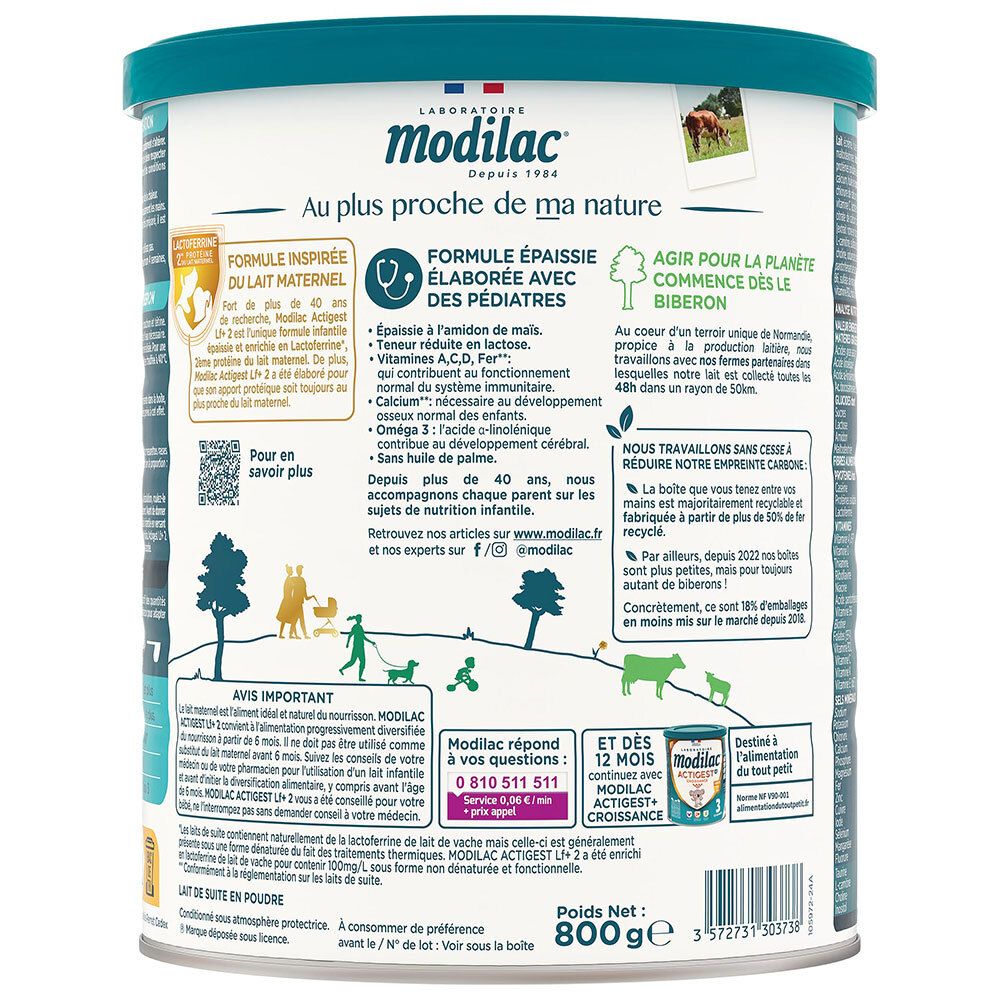 Arrière de la boîte Modilac Actigest LF+ 2 avec informations sur la fabrication et l'environnement.