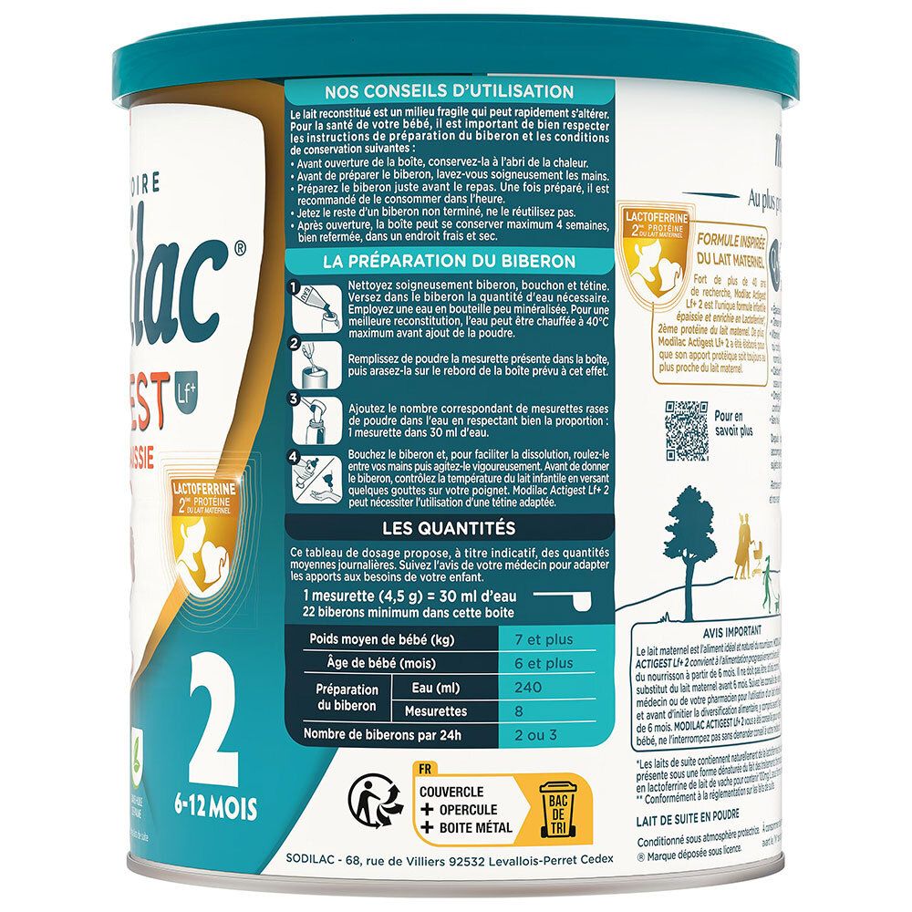 Arrière de la boîte Modilac Actigest LF+ 2 avec instructions de préparation et dosage.