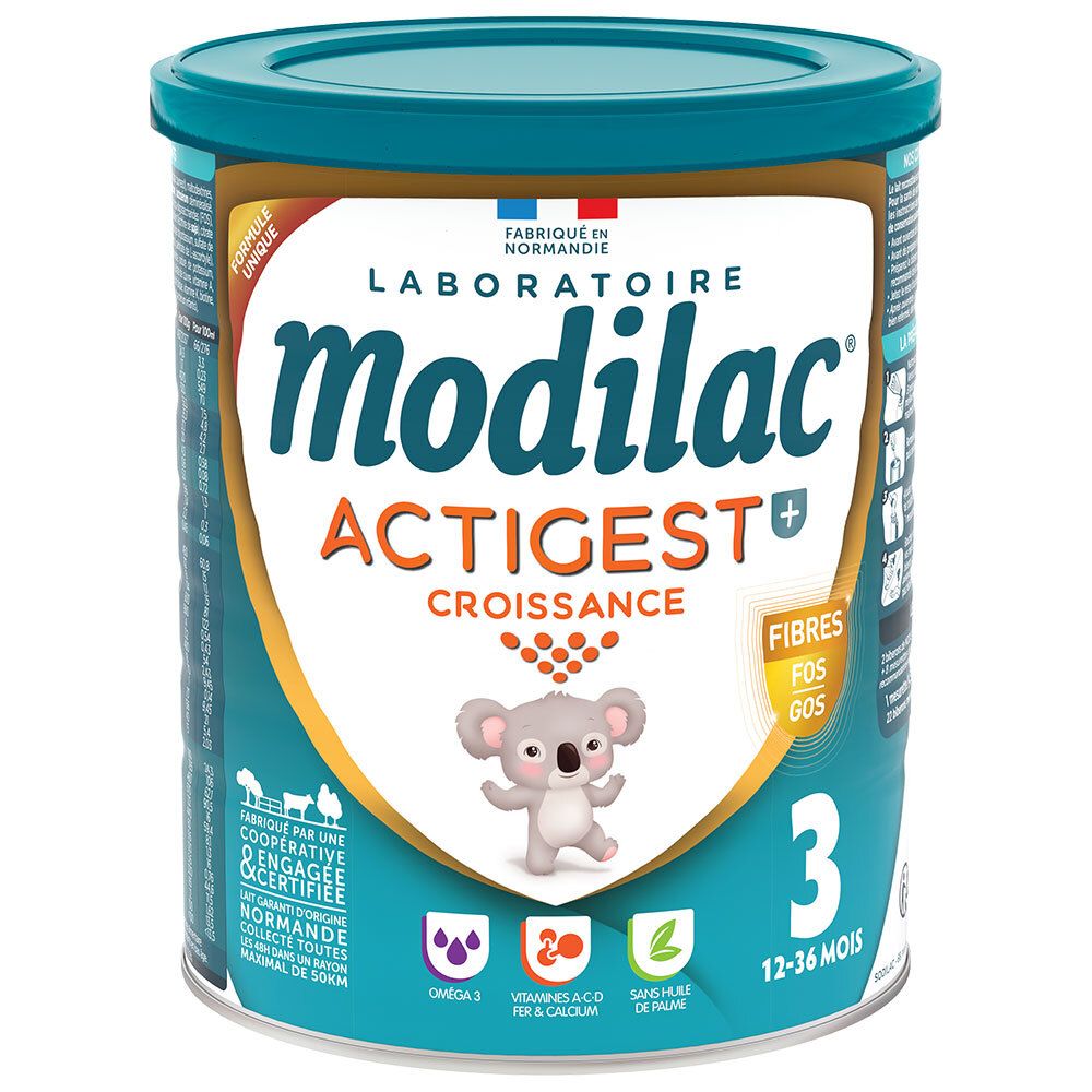 Boîte de lait infantile Modilac Actigest+ Croissance 3. Boîte bleue avec couvercle. Pour enfants de 12-36 mois.