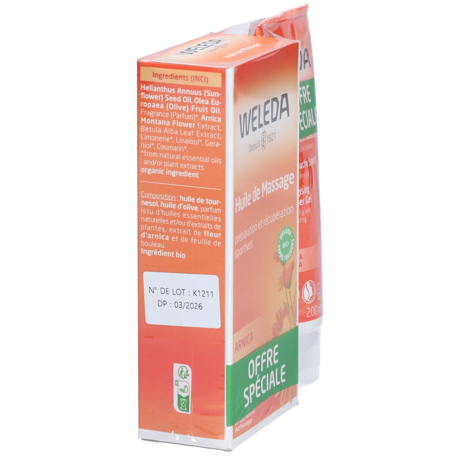 Emballage orange avec texte et nom du produit. À côté, un tube. Inscriptions : Arnica, ingrédients, date de péremption.