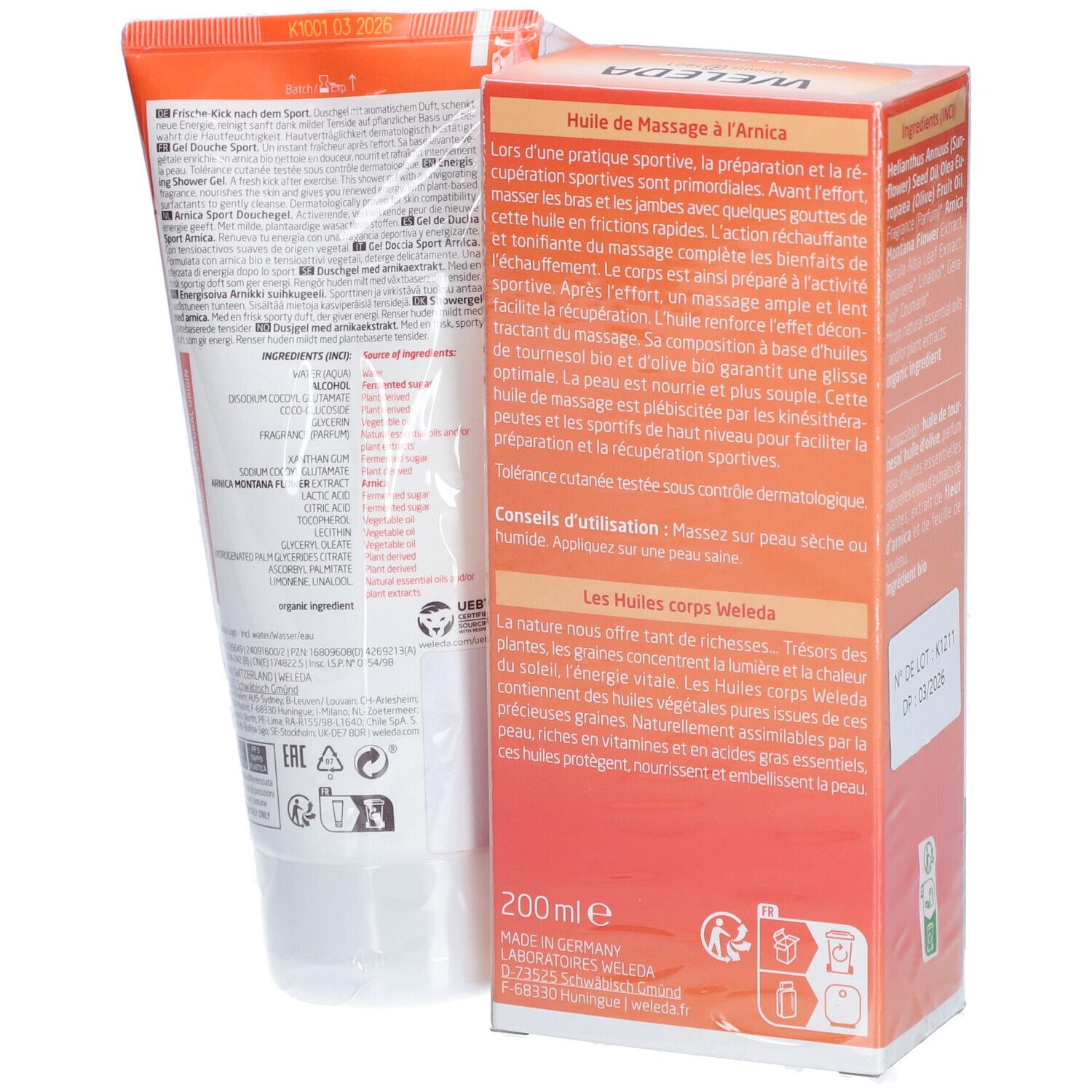 Emballage transparent avec tube et texte. Inscriptions : ingrédients, texte en plusieurs langues, 200 ml.