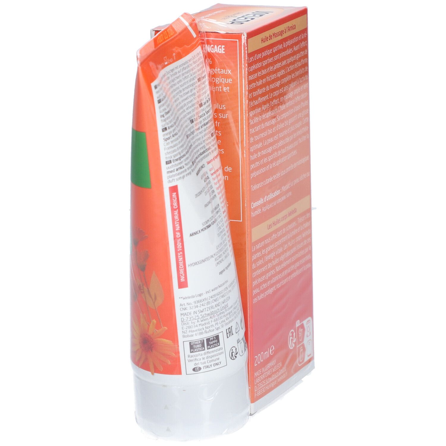 Emballage orange avec tube. Inscriptions : texte, 200 ml, label bio. Le tube est partiellement caché.