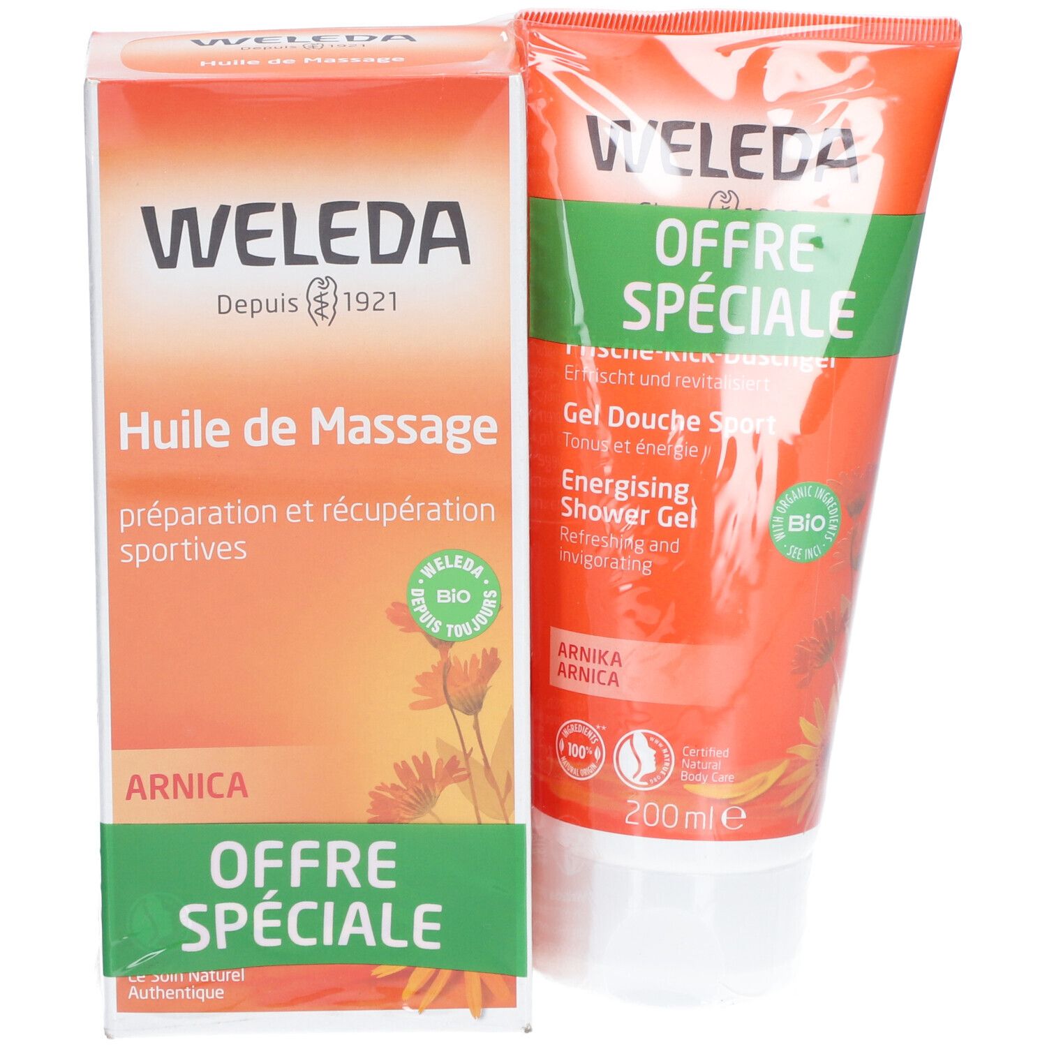 Emballage et tube orange. Inscriptions : WELEDA, Huile de Massage, Gel Douche Sport, Arnica, label bio, 200 ml.