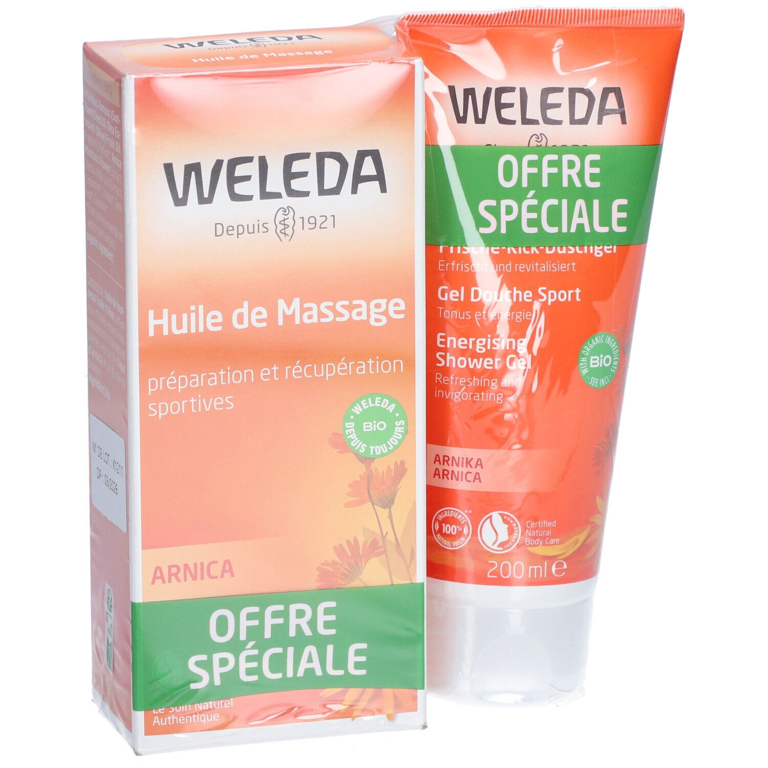 Emballage et tube orange. Inscriptions : WELEDA, Huile de Massage, Gel Douche Sport, Arnica, label bio, 200 ml.