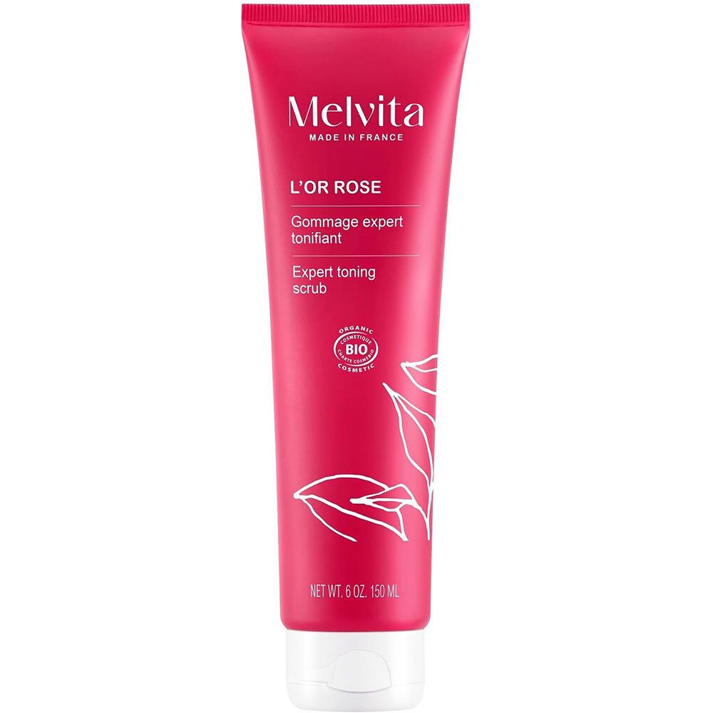 Tube rouge avec texte blanc. Contient « L'Or Rose » et « Gommage expert tonifiant ». Certification bio.