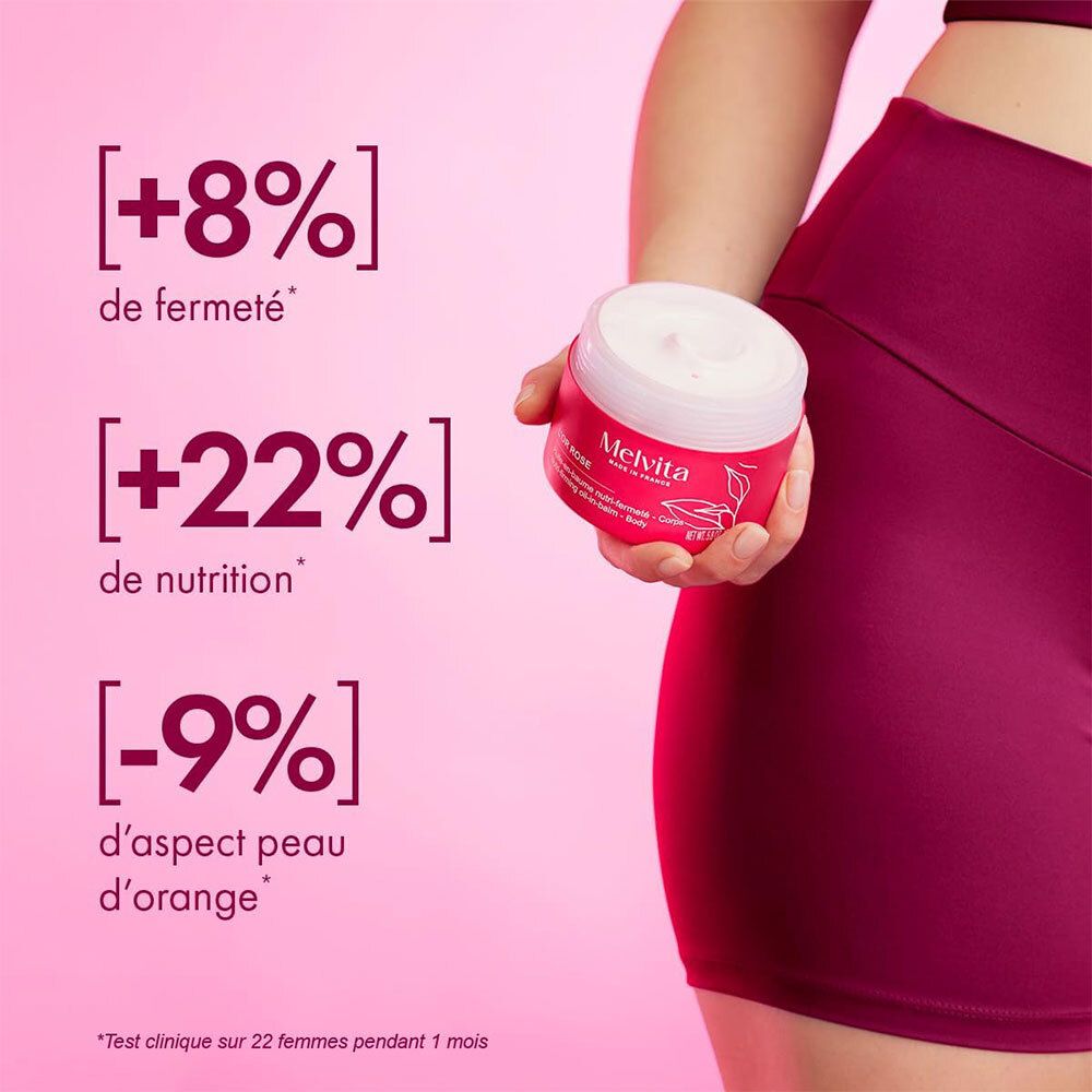 Femme tenant le baume corps Melvita L'Or Rose, affichant des résultats comme +8% de fermeté.