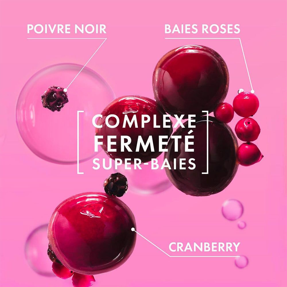 Graphique montrant les ingrédients : Poivre noir, Baies roses, Cranberry pour la fermeté.
