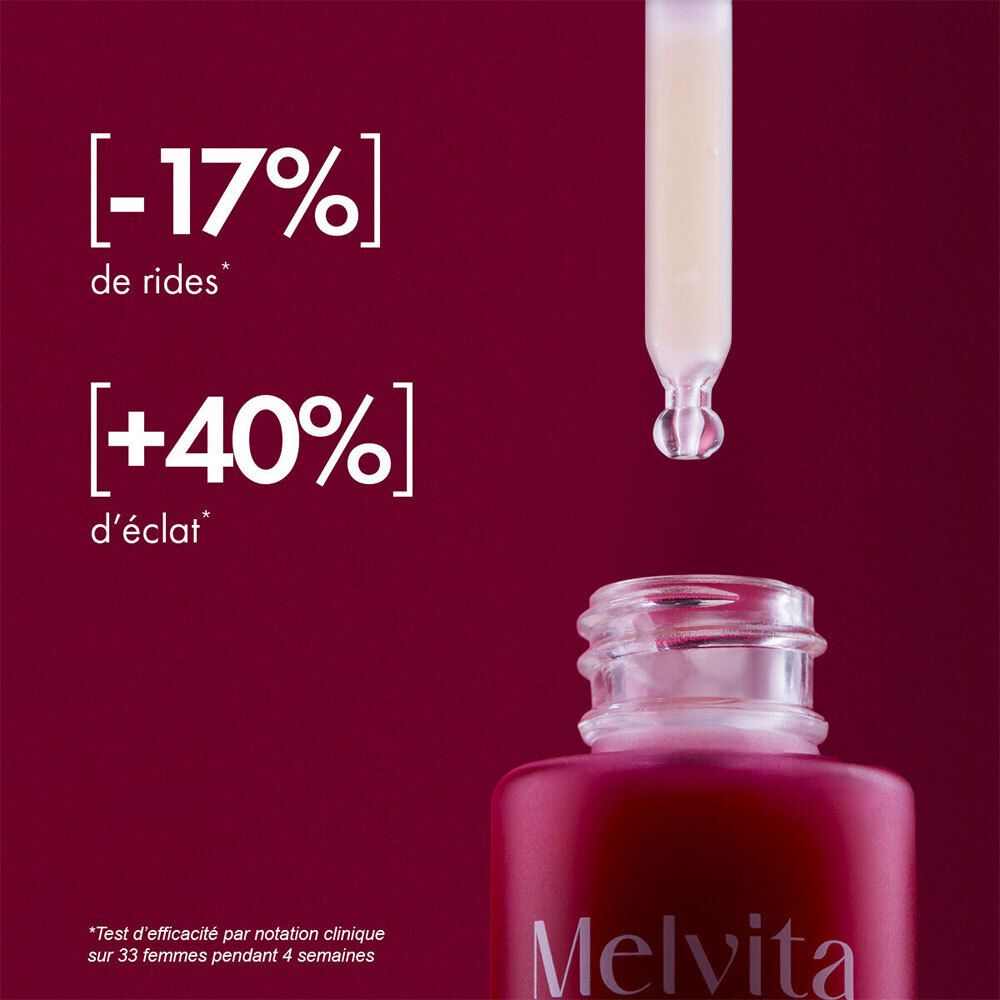 Gros plan sur un flacon avec pipette. Texte : -17% de rides, +40% d'éclat. Melvita. Test sur 33 femmes.